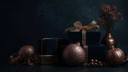 Christmas still life with gift boxes and decorations on dark background, copy space