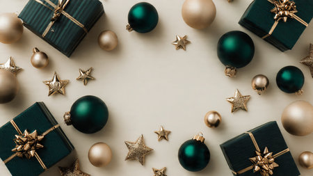 Christmas composition. Gifts, christmas decorations on white background. Flat lay, top view, copy...