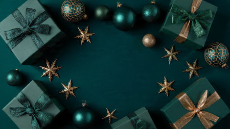 Christmas and New Year background with green gift boxes, golden stars and balls