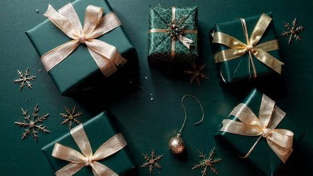 Christmas presents with golden ribbons and snowflakes on green background