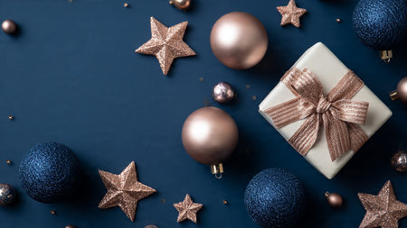 Christmas composition. Gifts, christmas decorations on blue background. Flat lay, top view, copy...