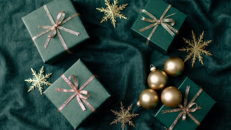 Christmas or New Year background. Green gift boxes, golden snowflakes, Christmas balls on a dark...
