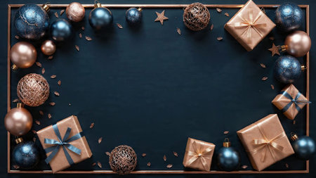 Christmas background with gift boxes and christmas balls. Top view with copy space