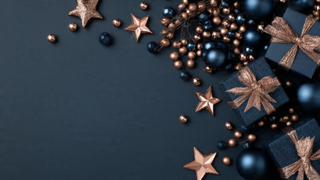 Christmas composition. Giftsrations on black background. Christmas, winter, new year concept. Flat...