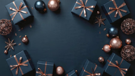 Christmas background with gift boxes and decorations. Top view with copy space