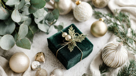 Christmas composition with green gift box, baubles and eucalyptus branches on white background