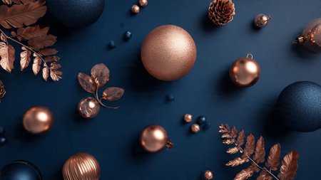 Christmas composition. Christmas tree toys, golden balls and leaves on dark blue background. Flat...