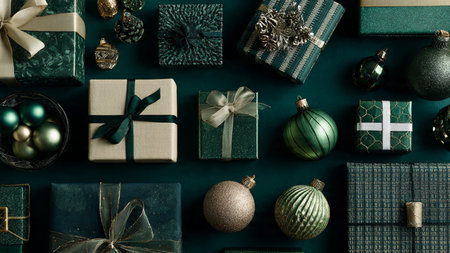 Top view of christmas gifts and decorations on green background. Flat lay.