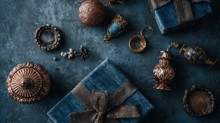 Christmas or New Year composition with gift boxes and decorations on dark backgroundの写真素材