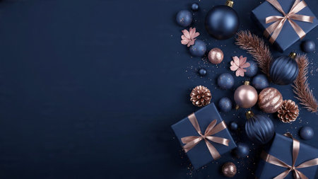 Christmas or New Year blue and black decoration on dark background with copy spaceの写真素材