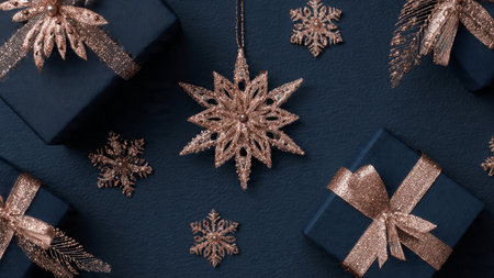 Christmas or New Year composition. Gifts, snowflakes on black background. Flat lay, top view.