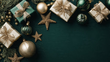 Christmas greeting card. Festive decoration on dark green background. New Year concept. Copy space. ...