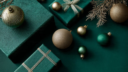 Top view of green gift boxes and christmas decorations on green background