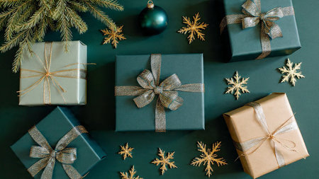 Christmas or New Year composition. Gifts, fir branches and snowflakes on green background. Flat lay,...