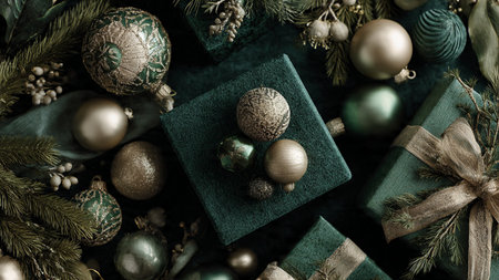 Christmas ornaments and gift boxes on dark background with copy space