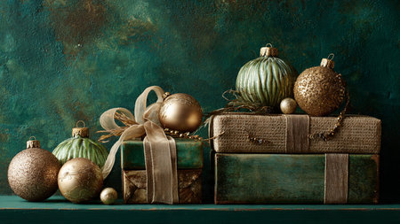 Christmas or New Year composition. Gifts, baubles and stars on black background. Flat lay, top view, copy space.の写真素材