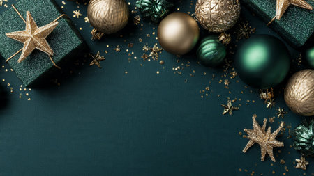 Green and golden christmas decorations on dark background, top view with copy space