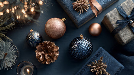 Christmas and New Year composition. Gifts, ornaments on green background. Flat lay, top view.