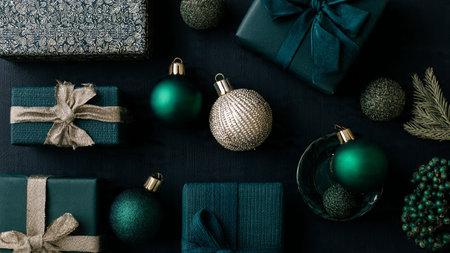 Christmas or New Year composition. Gifts, Christmas decorations on green background. Flat lay, top...