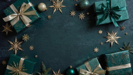 Christmas or New Year background with green gift boxes, snowflakes and decorations. Flat lay, top...