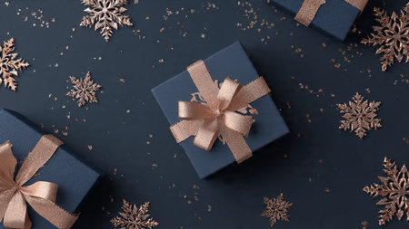 Gift boxes with golden ribbon and snowflakes on black background