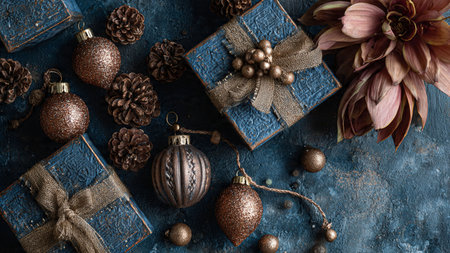 Christmas composition. Gifts, pine cones and Christmas balls on blue background. Flat lay, top view,...