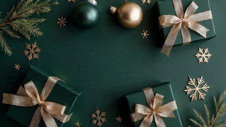 Christmas decoration with gift boxes and Christmas balls on dark blue background.の写真素材