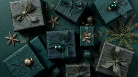 Christmas or New Year background with green and black gift boxes and decorations
