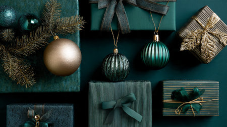 Christmas background with green gift boxes and christmas decorations on a green background.