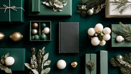 Christmas and New Year flat lay composition. Gifts, fir branches, pine cones, balls on green...