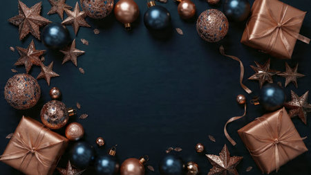 Christmas composition. Gifts, christmas decorations on black background. Flat lay, top view, copy...