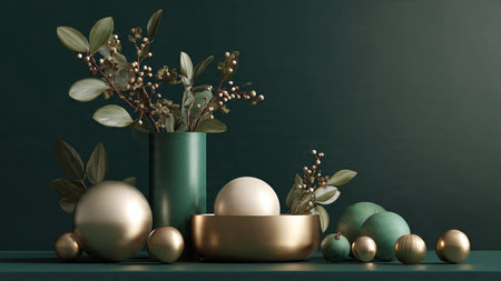 3d render of golden easter eggs in green vase on dark background