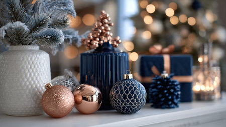 Beautiful Christmas decorations on shelf in room with Christmas tree, closeup