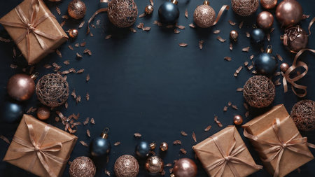 Christmas background with christmas balls and gift boxes on dark background.