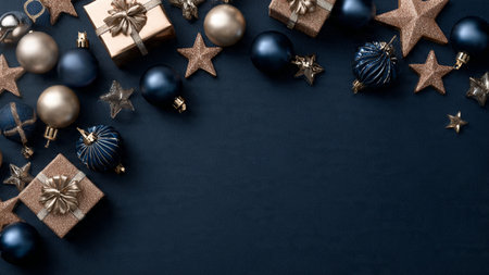 Christmas decoration on dark blue background with copy space. Top view.