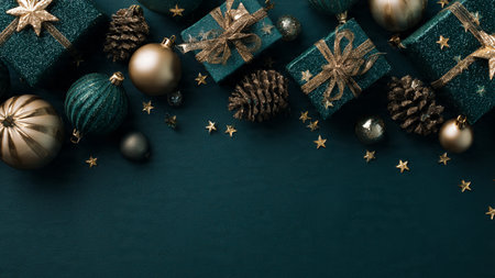 Christmas background with decorations and gift boxes. Top view with copy space