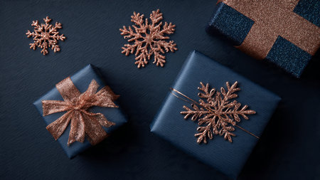 Christmas gift boxes with golden snowflakes on black background, top view