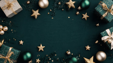 Christmas or New Year background with decorations and gifts. Top view with copy space.