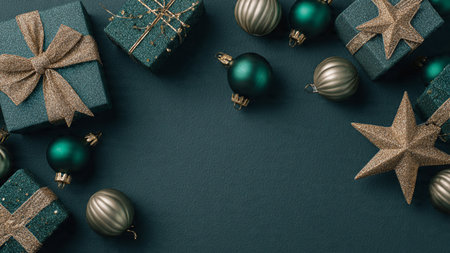 Christmas and New Year holiday background with decorations and gift boxes on black paper. Flat lay,...