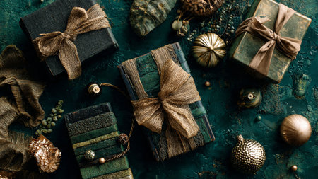 Christmas or New Year composition. Gifts, pine cones, Christmas tree toys on a green background....