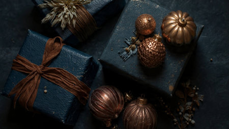 Christmas and New Year composition. Gifts, ornaments on dark background.