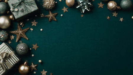 Christmas background with decorations and gift boxes. Top view with copy space