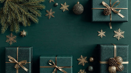 Christmas or New Year background with green gift boxes, fir tree branches and golden snowflakes.の写真素材
