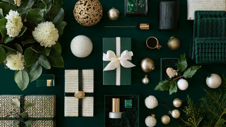 Christmas decorations on green background. Flat lay, top view, copy space.