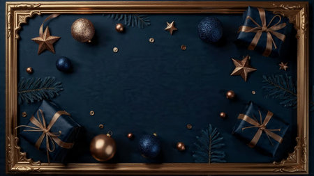 Golden frame with Christmas decorations on dark blue background. Top view, flat lay.