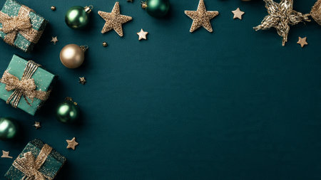 Christmas and New Year composition. Giftsrations on green background. Flat lay, top view, copy space