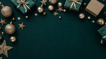 Christmas background with gifts and decorations. Top view with copy space.
