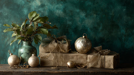 Vintage Christmas still life with gift boxes and golden baubles