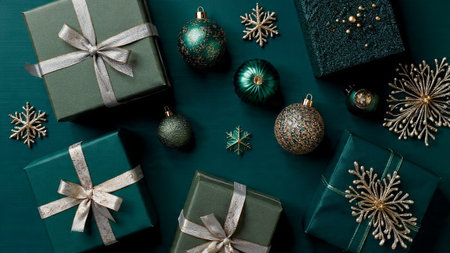Christmas background with green gift boxes and decorations. Top view. Flat lay.