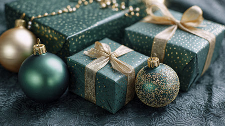 Christmas gift boxes and christmas balls on dark background, closeup